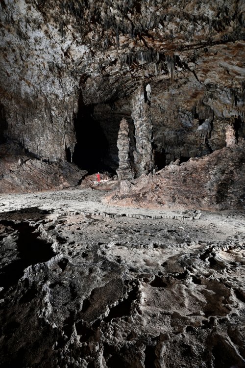 Slaughter Canyon Cave (USA - Nouveau Mexique) - Salle avec spéléo au pied de grandes stalagmites massives en fond et gour gris en premier plan(SP-18-0908)