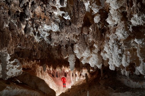 Cottonwood Cave Second Parallel (USA - Nouveau Mexique) - Petite salle concrétionnée avec baguettes d'un ancien gour au plafond(SP-18-1036)