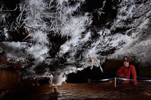 Breezeaway Cave (USA - Colorado) - Salle basse avec plafond couvert de concrétions d'aragonite blanches (spéléo sur le côté)(SP-18-1221)