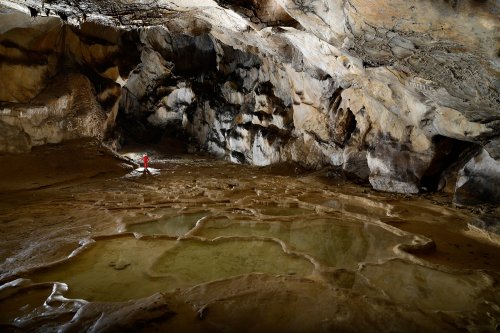 Grotte de Lombrives (Ariège) - Salle de l'amphithéâtre avec des gours remplis d'eau en premier plan(SP-18-1357)
