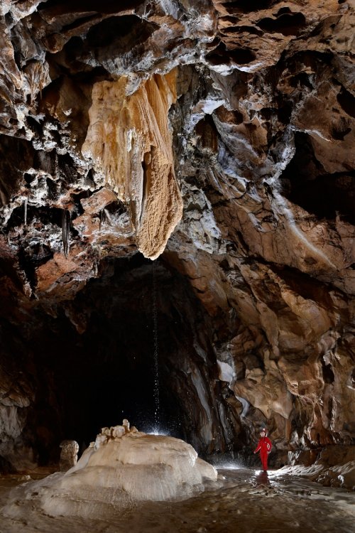 Grotte de Lombrives (Ariège) - "Le tombeau de Pyrène" avec la larme au plafond (personnage au pied)(SP-18-1393)