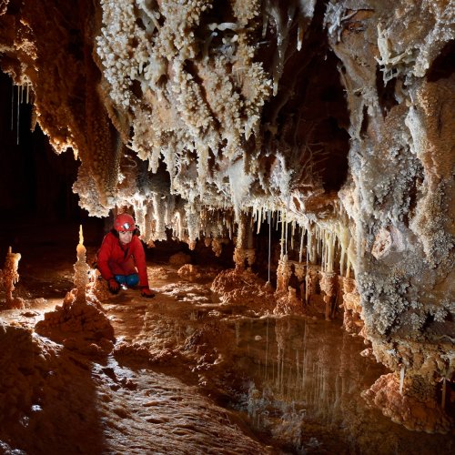 Réseau Bernard Magos (Barjac, Gard) - Gour concrétionné avec des massues (SP-18-1737)