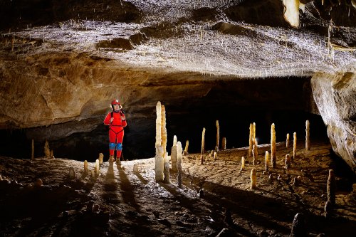 Pestera Bulba (réseau supérieur) - Spéléo au milieu des cierges dans un passage concrétionné de la galerie(SP-18-1841)