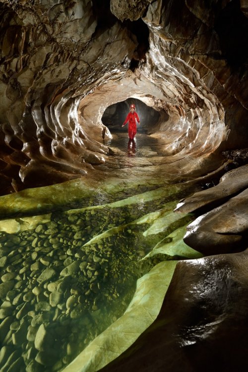Kagekiyo-ana (Akiyoshidai, Yamaguchi, Japon) - Spéléo dans galerie en conduit forcée avec eau verte en premier plan (format vertical)(SP-19-0326)