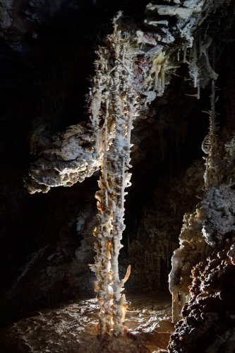 Grotte du Sud de l'Arizona (USA) - Stalactites "colonne" avec excentriques au dessus d'un gour(SP-20-0188)