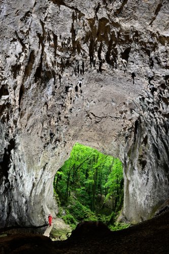 Beaume Archée (Doubs) - Porche d'entrée vu de l'intérieur avec spéléo sur la passerelle et concrétions au plafond (verticale)(SP-20-0318)