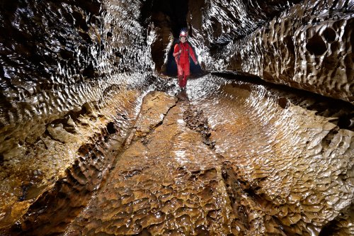 Grotte de la Vieille Folle (Doubs) - Galerie avec coups de gouge (cupules) sur le sol et les parois(SP-20-0698)