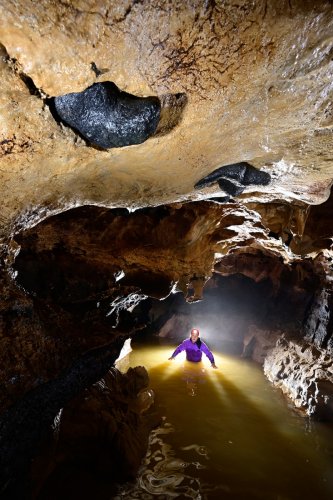Trou du Pic (Doubs) - Chailles au plafond de la galerie avec spéléo dans l'eau en arrière plan(SP-20-0731)