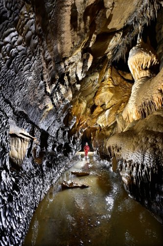 Grotte du Crotot (Doubs) - Rivière coulant dans une galerie concrétionnée avec coups de gouge sur les parois (spéléo en fond)(SP-21-1329)