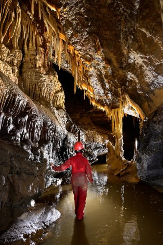 Grotte du Crotot (Doubs) - Spéléo de dos dans galerie avec rivière et concrétions(SP-21-1333)
