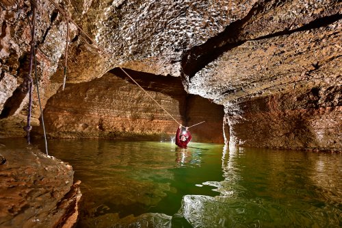 Grotte du Banquier (Hérault) - Passage de la laisse d'eau après le siphon S1.(SP-21-1571)