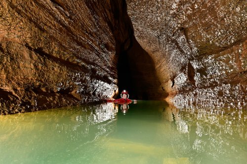 Grotte du Banquier (Hérault) - Première laisse avant le siphon S1.(SP-21-1606)