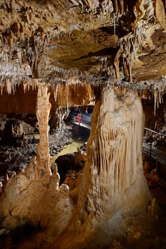 Grotte de Foissac (partie touristique) - Grandes colonnes  avec rivière en arrière plan(SP-22-1158)