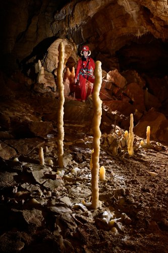 Grotte du Coudrier (Doubs) - Deux fines stalagmites jumelles (SP-22-1388)