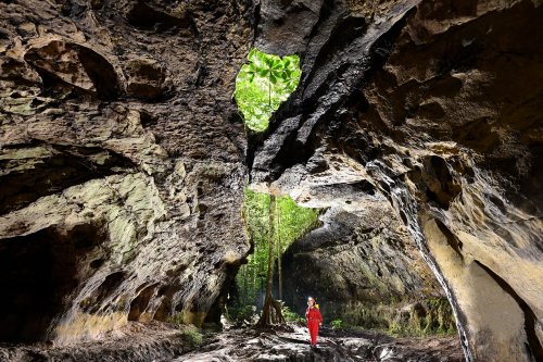 Gruta da Catedral (Amazonas, Brésil) - Entrée avec personnage et puits de lumière (SP-23-1049)
