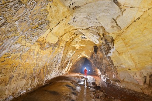Caverna das Maos (Para, Brésil) - Galerie dans du grés jaune avec spéléo en  fond(SP-23-1140)