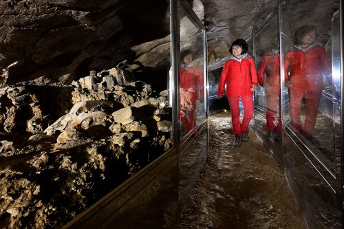 Grotte du Mas d'Azil (Ariège) - Touriste dans la galerie des ours (crâne d'ours protégé derrière la vitre)(SP-24-0820)