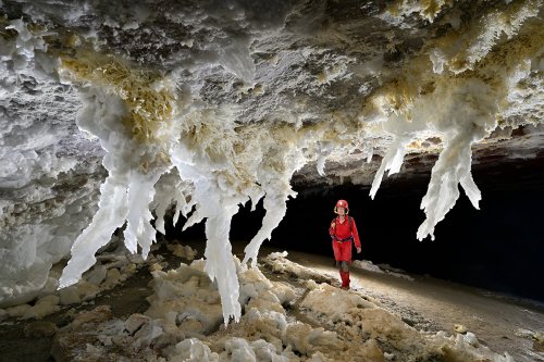 Grotte de Geophysicheskaya (Turkménistan) - Salle rose : série de chandeliers de gypse au plafond avec personnage en arrière plan(SP-24-0899)