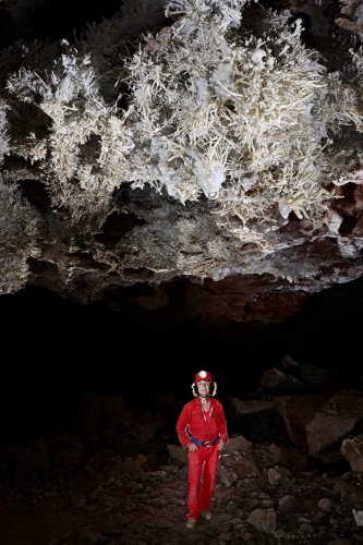 Grotte de Promeszutocyana / Intermédiaire (Turkménistan) - Bouquets d'aragonite au plafond (avec personnage en dessous)(SP-24-1258)