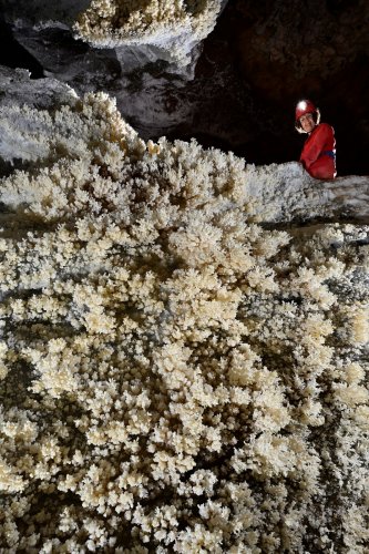 Grotte de Geophysicheskaya (Turkménistan) - Galerie des aiguilles : paroi couverte d'aragonite avec personnage en haut(SP-24-1446)