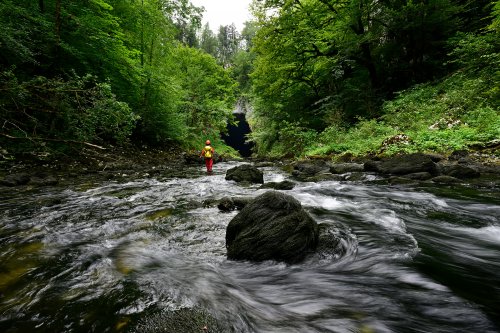 Tkalca Jama (Slovénie) - Rivière du Rak avec porche d'entrée de la cavité dans le fond (bloc premier plan)(SP-24-1802)