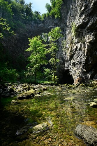 Mali Naravni most  (Slovénie) - Doline d'effondrement sur le cours souterrain du Rak avec petite arche en haut de la falaise (SP-24-1887)