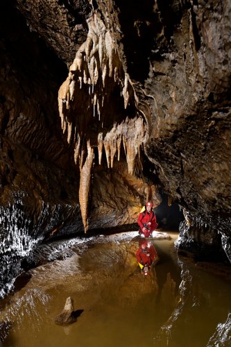 Beke cave (Hongrie) - Rivière avec ensemble de stalactites au plafond (spéléo en fond avec reflet dans l'eau)(SP-24-1955)