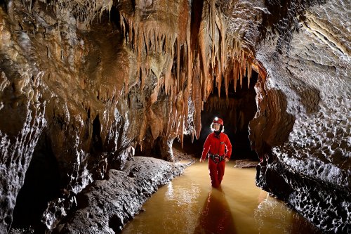 Beke cave (Hongrie) - Rivière aux eaux jaunes avec ensemble concrétionné au plafobd(SP-24-1961)