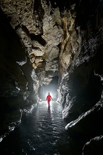 Glowworm  cave (région de Waitomo, Nouvelle Zélande) - Galerie avec rivière souterraine (personnage éclairé)(SP-24-2652)