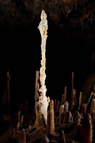 Grotte Flandin (Ardèche) - Stalagmite blanche effilée au milieu d'une salle(SP-25-0524)