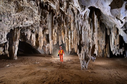 Gcwihaba cave entrée nord (Botswana) - Salle avec stalactites et piliers massifs au sol recouvert de guano(SP-25-0931)