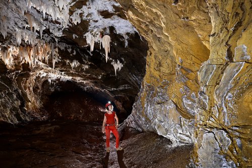 Gecko cave (Botswana) - Paroi jaune oxydée recouverte de cristallisations (spéléo à gauche)(SP-25-1042)