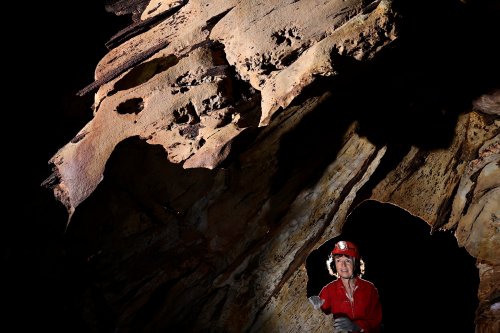 Gcwihaba cave (Botswana) - Lame rocheuse au plafond (avec spéléo dans une "fenêtre" en fond)(SP-25-1189)