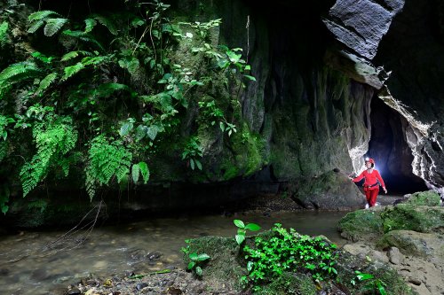 Caverna de Venado (Alajuela, Costa Rica) - Entrée de la cavité avec personnage dans la rivière(SP-25-2566)