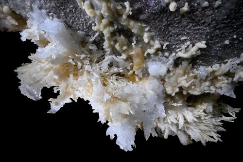 Grotte de Geophysicheskaya (Turkménistan) - Ensemble de concrétions d'aragonite et de cristaux de gypse au plafond(SP-26-0714)