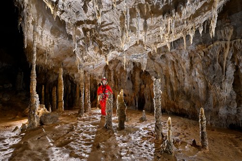 Cueva Coventosa (Cantabrie, Espagne) - Spéléo au milieu d'un ensemble de stalagmites dans une galerie(SP-26-0893)