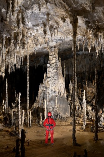 Cueva Coventosa (Cantabrie, Espagne) - Salle finale avec grands piliers et édifice stalagmitique en fond(SP-26-0902)