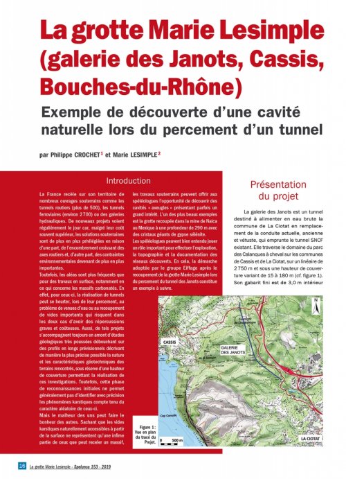 Spelunca n°153 (mars 2019) - La grotte Marie Lesimple (galerie des Janots, Cassis, Bouches-du-Rhône) - Exemple de découverte d'une cavité naturelle lors du percement d'un tunnel (Philippe Crochet &amp; Marie Lesimple)