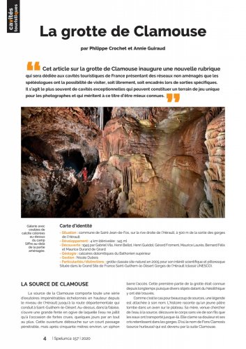 Spelunca n°157 (mars 2020) : La grotte de Clamouse - Article de 7 pages.