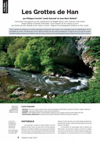Spelunca n°159 (septembre 2020) : Les grottes de Han (Philippe Crochet, Annie Guiraud, Jean-Marc Mattlet) - Article de 8 pages.