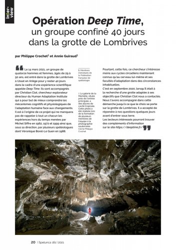 Spelunca n°161 (mars 2021) - Opération Deep Time (Philippe Crochet, Annie Guiraud) - Article de 6 pages.