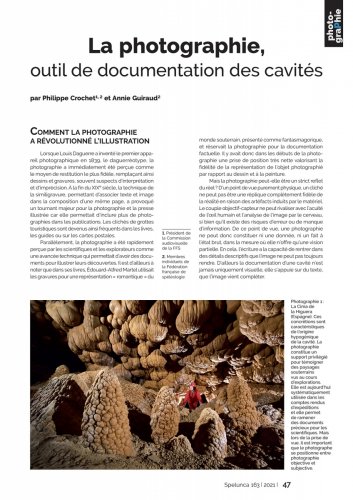 Spelunca n°163 (septembre 2021) - La photographie, outil de documentation des cavités (Philippe Crochet, Annie Guiraud) - Article de 12 pages.