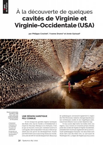 Spelunca n°165 (mars 2022) - A la découverte de quelques cavités de Virginie et Virginie occidentale (Philippe Crochet, Annie Guiraud) - Article de 6 pages.