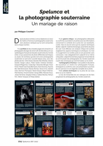 Spelunca n°166 (juin 2022) - Spelunca et la photographie souterraine, un mariage de raison (Philippe Crochet) - Article bilingue (français-anglais) de 2 pages