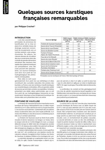 Spelunca n°166 (juin 2022) - Quelques sources karstiques françaises remarquables (Philippe Crochet) - Article bilingue (français-anglais) de 6 pages.