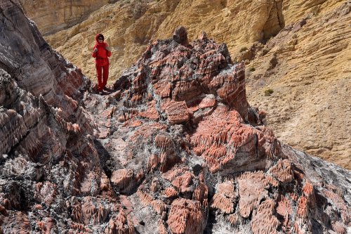 Le sud de l'Iran comprend de nombreux dômes de sel (appelés « diapirs » par les géologues) qui comptent parmi les plus beaux du monde. Ils sont dus à la remontée en surface d'anciens dépôts de sel qui se sont retrouvés en profondeur. Ce phénomène, appelé halocinèse, est rendu possible en raison de la faible densité et la ductilité (propriété de se déformer sans rompre) du sel par rapport aux roches encaissantes. L'ascension du sel peut être stoppée avant d'atteindre la surface (dôme intrusif) ou percer celle-ci (dôme extrusif). Dans ce second cas, il se forme ainsi de véritables montagnes de sel pur qui se retrouvent soumises à l’érosion. Mais la particularité du sel étant d’être soluble dans l’eau, la pluie va façonner des paysages spécifiques et fantasmagoriques, avec notamment des arrêtes tranchantes et très dures rendant la progression délicate. La dissolution crée aussi des cavités, comme il en existe plus communément dans les calcaires. Celles -ci sont toutefois moins longues, car la roche est moins stable, ce qui entraîne des éboulements pouvant obturer les réseaux souterrains qui ont pu se développer. Le principal minéral constituant ces dômes est l’halite (chlorure de sodium ), analogue au sel de cuisine. Elle est généralement blanche ou grise selon les impuretés qu’elle contient. D’autres minéraux peuvent apporter des colorations : la présence de potassium (sylvite) se traduit par une gamme de couleur allant du rose orangé au rouge, alors que le magnésium (carnallite) donne des sels de diverses couleurs. Ces photos ont été prises sur le dôme de Dashti dans le sud-est de l'Iran, non loin de la ville de Khormoj (Province de Boshehr) dans les Monts Zagros, ainsi que sur l'île d'Hormoz.