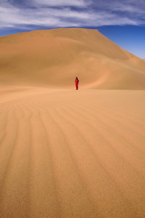 Désert du Badain Jaran (Chine, Mongolie Intérieure) - Flanc d'une dune avec rides de sable en premier plan. Randonneuse en rouge.(VO-16-0935)