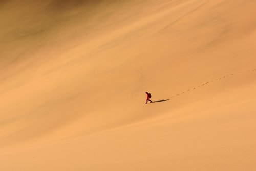 Désert du Badain Jaran (Chine, Mongolie Intérieure) - Randonneuse descendant le versant d'une grande dune éclairé par le soleil couchant(VO-16-1012)