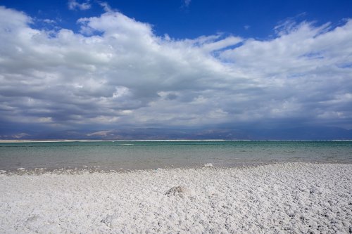 Mer Morte (Israël) - Rivage de la Mer Morte vers Ein Gedi avec nuages blancs dans le ciel bleu (VO-23-0048)