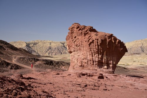 Parc national de Timna (Israël) - Observation point : champignon de grès rouge sculpté par l'érosion avec personnage sur le sentier en arrière plan(VO-23-0321)